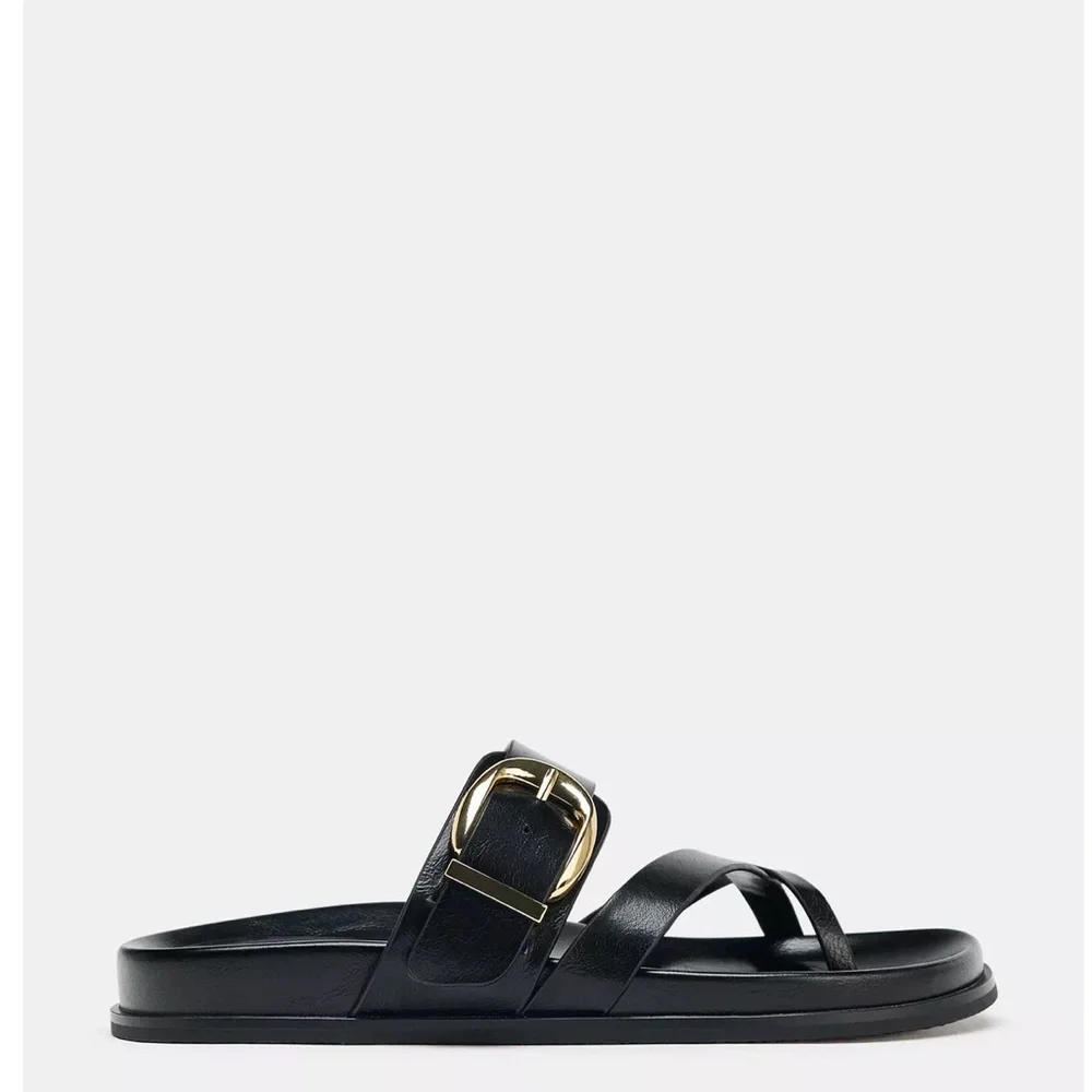 Zara Tan Leather Toe-Loop Sandals with Gold Buckle - Picture 6 of 6